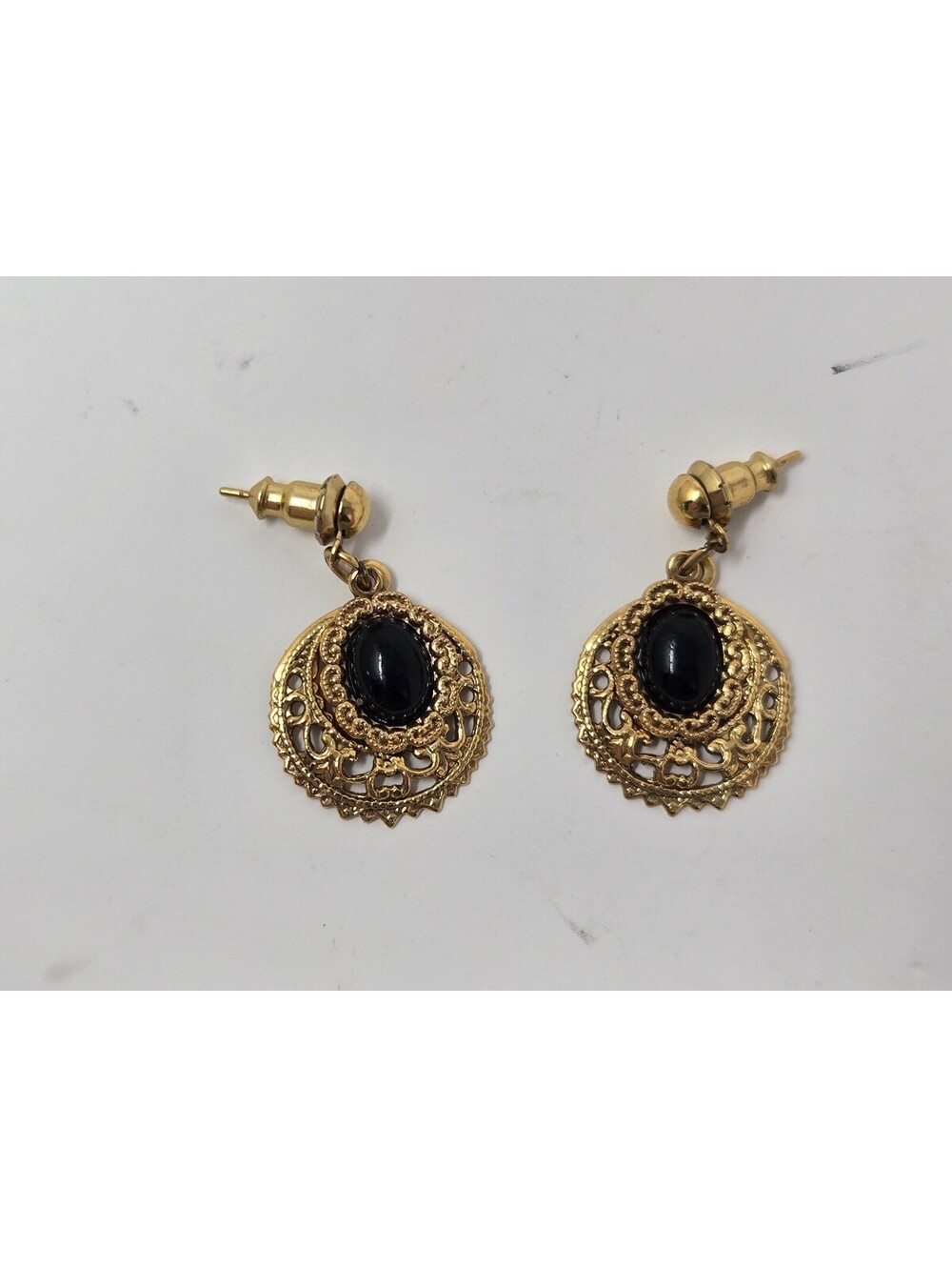 Vintage Gold-Tone Ornate Filigree Dangle Post Earrings with Oval Black Cabochons - Picture 2 of 5